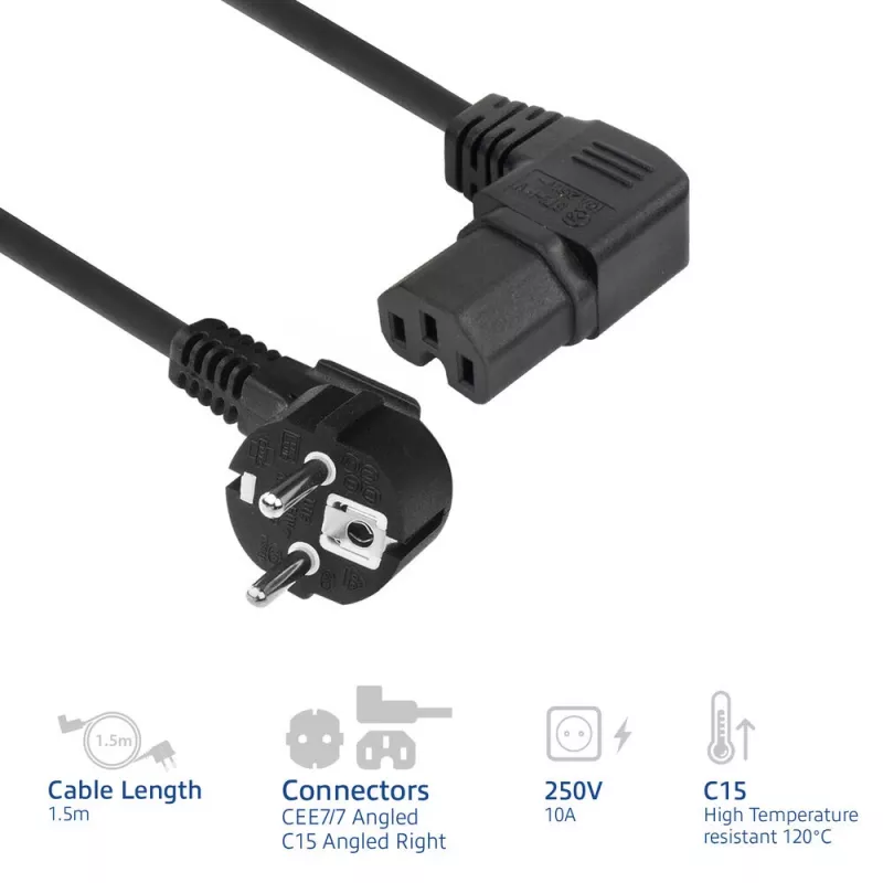 Cabo de alimentação ACT CEE 7/7 ficha (angular) - C15 (angular à direita) IEC60320 preto 1,5 m