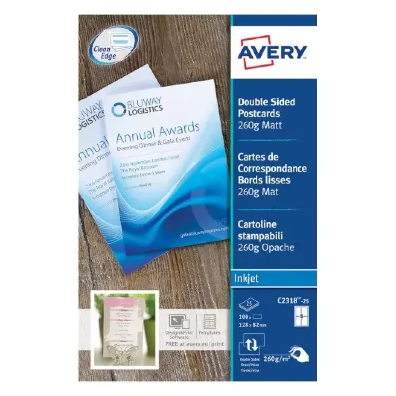 Avery Quick&Clean C2318-25i cartões, 82,6 x 127 mm, 260 g/m², branco, 100 cartões (25 folhas x 4)