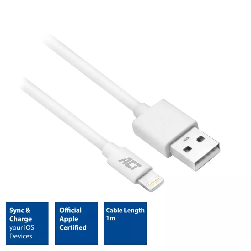 Cabo de carregamento/dados ACT USB 2.0 macho A - macho Lightning 1 metro, certificado MFI