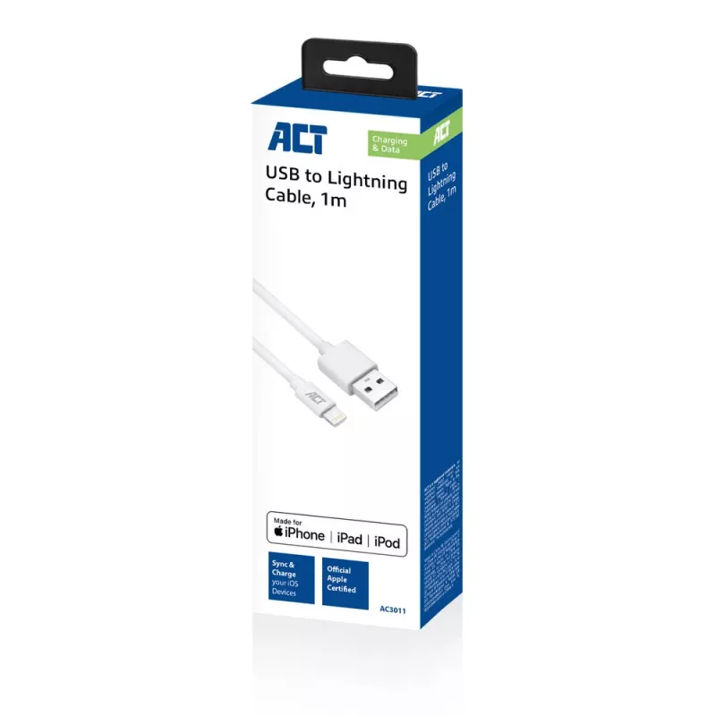 Cabo de carregamento/dados ACT USB 2.0 macho A - macho Lightning 1 metro, certificado MFI