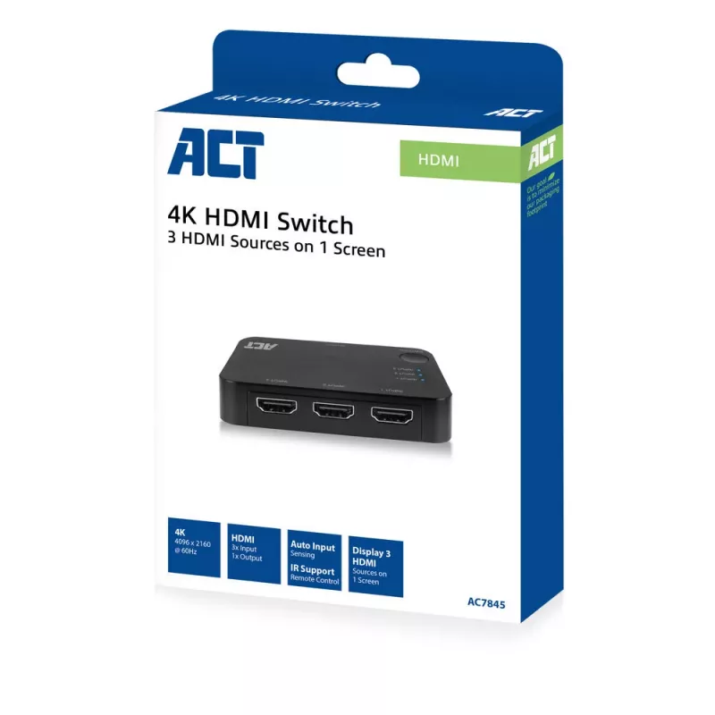 Comutador HDMI ACT 4K 3x1 preto 60Hz 1920x1080 3840x2160