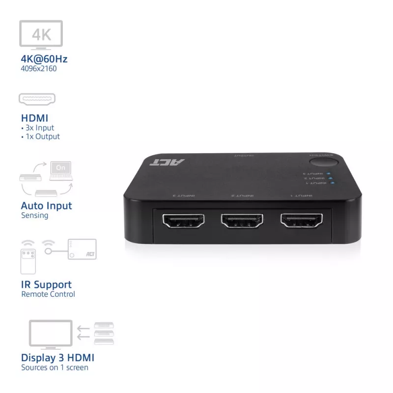 Comutador HDMI ACT 4K 3x1 preto 60Hz 1920x1080 3840x2160