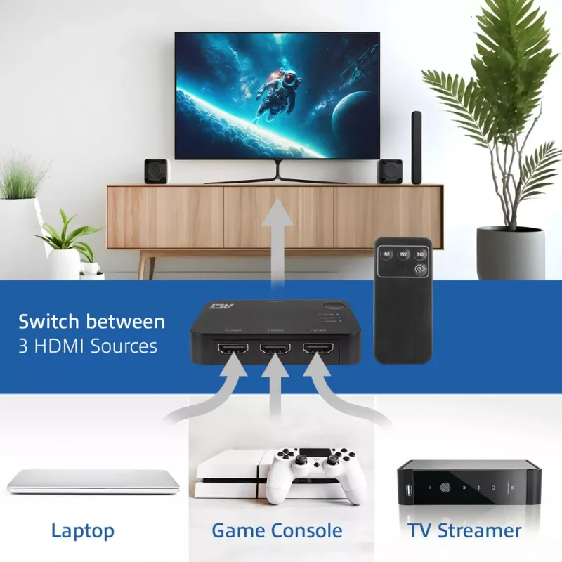 Comutador HDMI ACT 4K 3x1 preto 60Hz 1920x1080 3840x2160