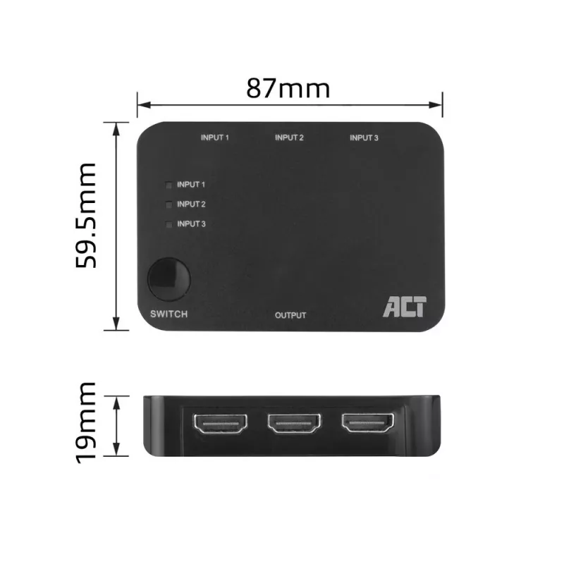 Comutador HDMI ACT 4K 3x1 preto 60Hz 1920x1080 3840x2160