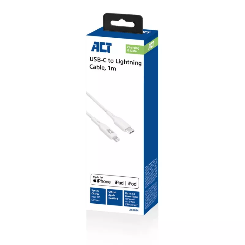 Cabo de carregamento/dados ACT USB 2.0 macho C – macho Lightning 1 metro, certificado MFI