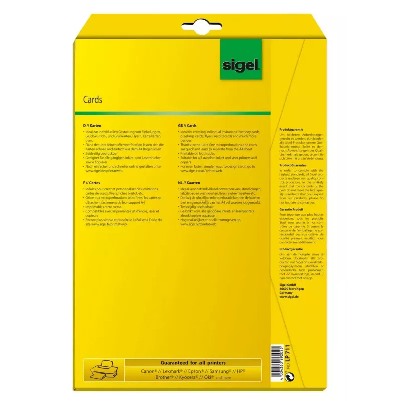 Sigel LP711 papel para postais A6 (105 x 148 mm), 185 g/m2, 80 cartões, branco
