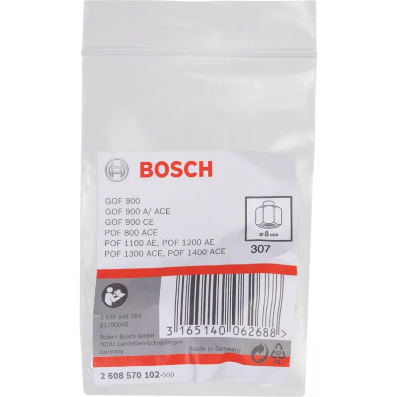 Bosch 2608570102 pinça de aperto 8 mm com porca de aperto de 19 mm para fresadoras GOF/POF, preta