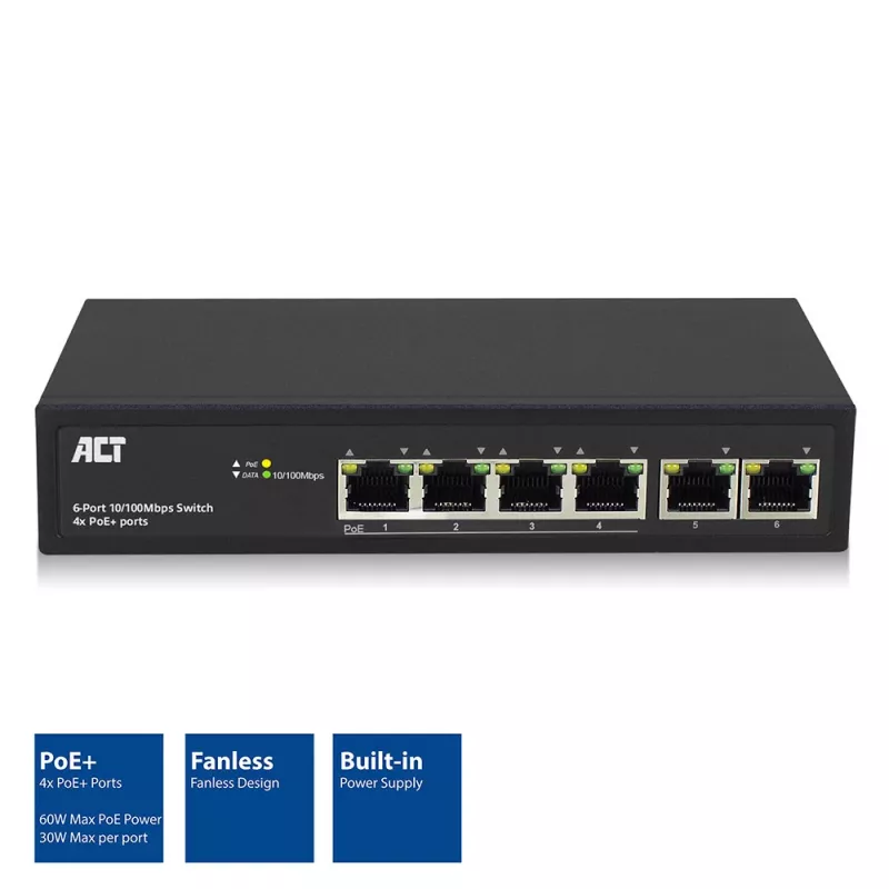 Switch de rede ACT 6 portas, 10/100 Mbit/s, 4 portas PoE+ (30 W)