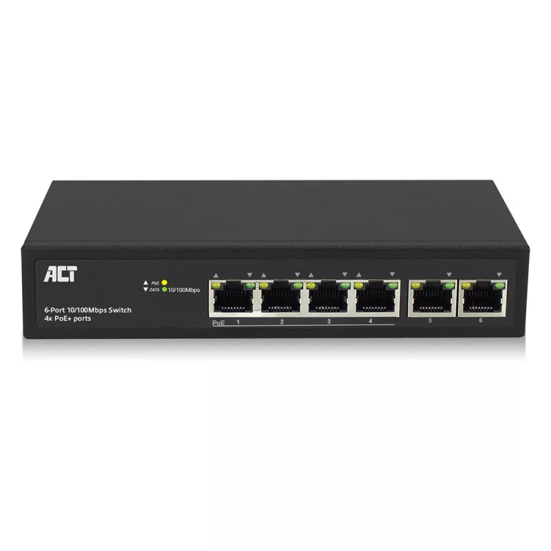 Switch de rede ACT 6 portas, 10/100 Mbit/s, 4 portas PoE+ (30 W)