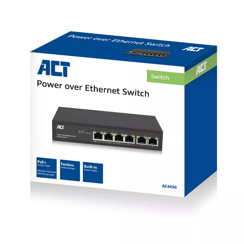 Switch de rede ACT 6 portas, 10/100 Mbit/s, 4 portas PoE+ (30 W)