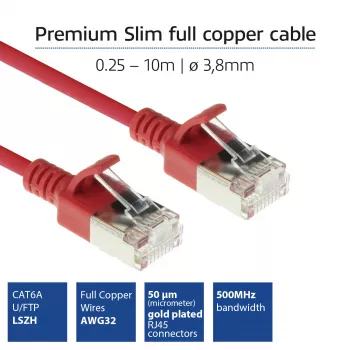 Cabo de rede patch slimline para centro de dados ACT vermelho 3 metros LSZH U/FTP CAT6A sem patilhas com fichas RJ45