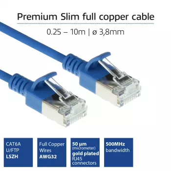 Cabo de rede patch slimline para centro de dados ACT azul 2 metros LSZH U/FTP CAT6A com proteção das patilhas e fichas RJ45
