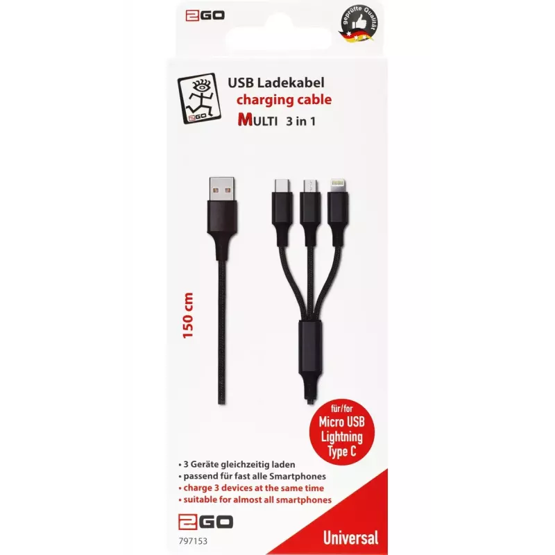 Cabo USB 2GO 797153 1,5 m USB-B para USB-C/Micro-USB-B/Lightning preto