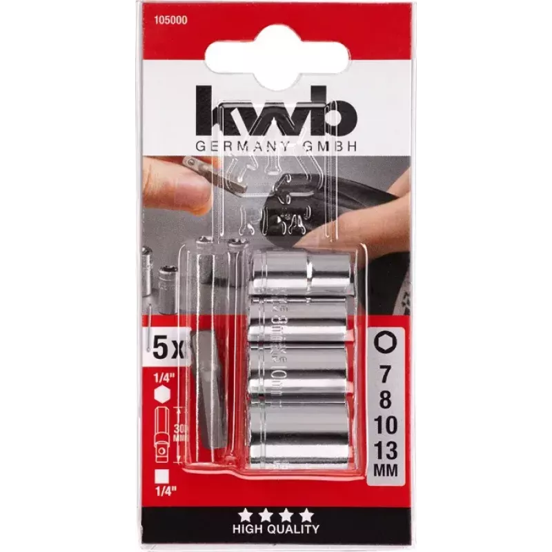 kwb 105000 Conjunto de chaves de caixa com adaptador de 1/4", 7/8/10/13 mm, 5 un.