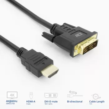 ACT AK3734 Adaptador de cabo de vídeo 1 m HDMI Type-A (Standard) DVI-D preto