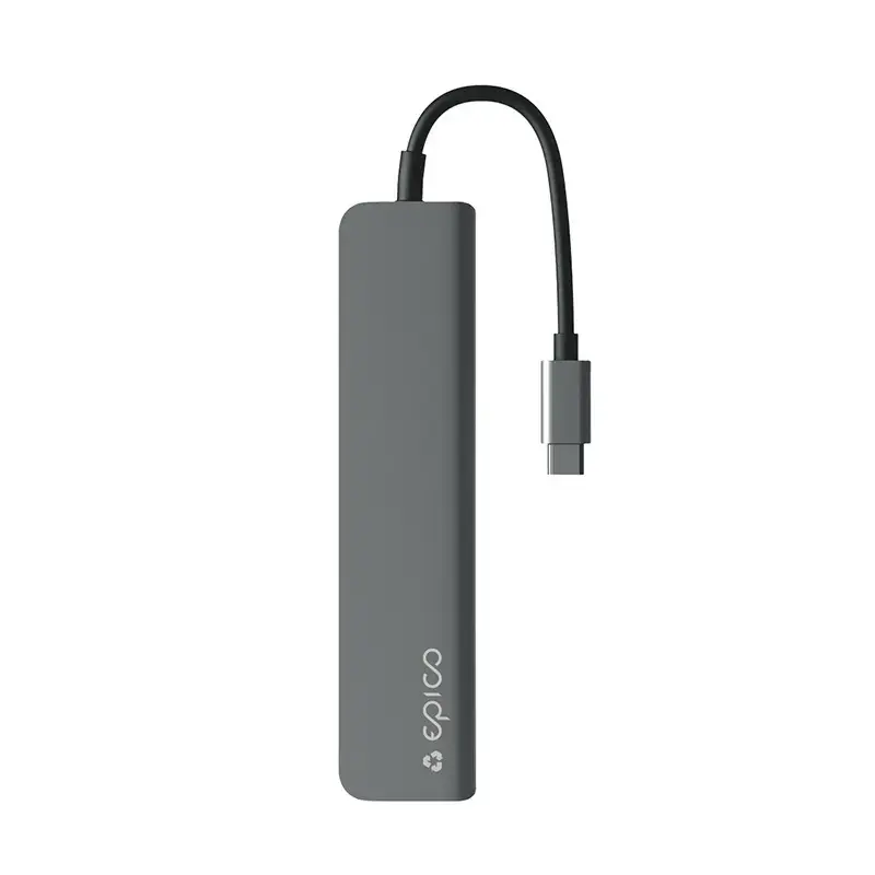 Hub de interface Epico 9915112100080 — host USB Type-C, HDMI, USB 2.0, USB Type-C, leitor de cartões MicroSD/SD, alumínio/TPU, cinzento