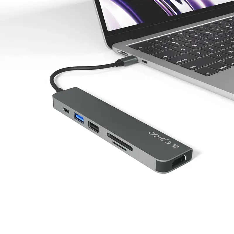 Hub de interface Epico 9915112100080 — host USB Type-C, HDMI, USB 2.0, USB Type-C, leitor de cartões MicroSD/SD, alumínio/TPU, cinzento