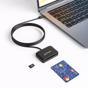 Leitor de cartões de chip por contacto Manhattan USB-C com slot MicroSD, conector USB Type-C para interface de leitor por contacto e microSDXC, compatível com Windows, macOS e Linux, lê cartões SIM com adaptador, cabo de 1 m, preto, três anos de garantia