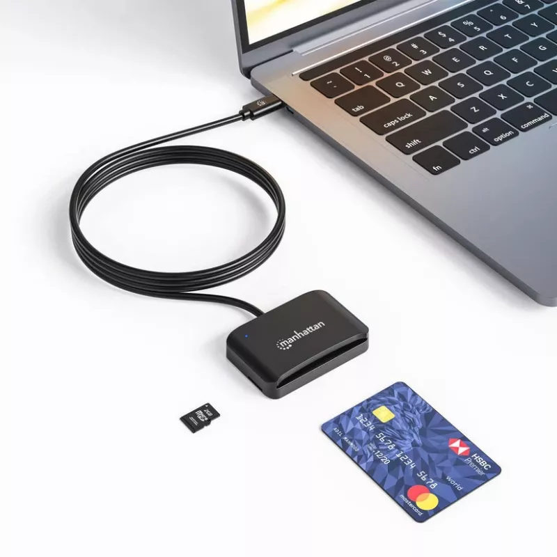Leitor de cartões de chip por contacto Manhattan USB-C com slot MicroSD, conector USB Type-C para interface de leitor por contacto e microSDXC, compatível com Windows, macOS e Linux, lê cartões SIM com adaptador, cabo de 1 m, preto, três anos de garantia
