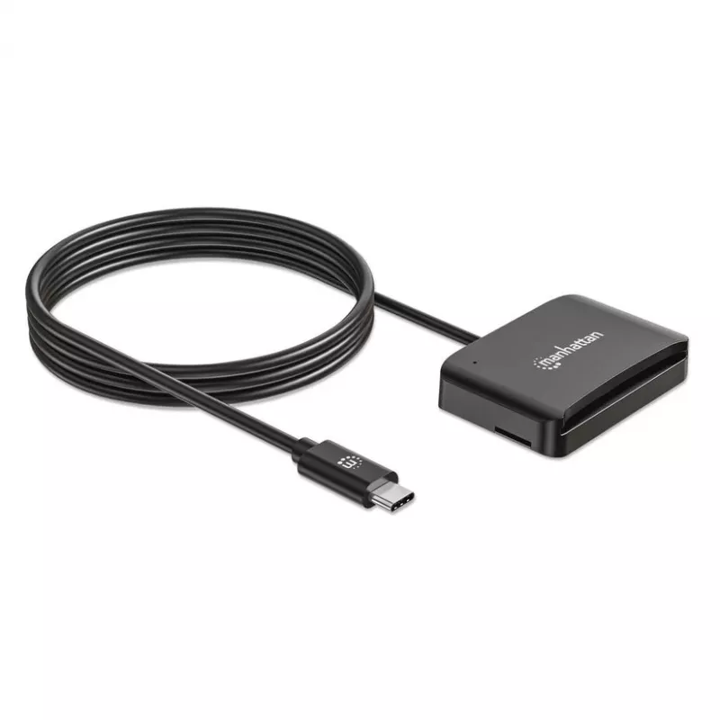 Leitor de cartões de chip por contacto Manhattan USB-C com slot MicroSD, conector USB Type-C para interface de leitor por contacto e microSDXC, compatível com Windows, macOS e Linux, lê cartões SIM com adaptador, cabo de 1 m, preto, três anos de garantia