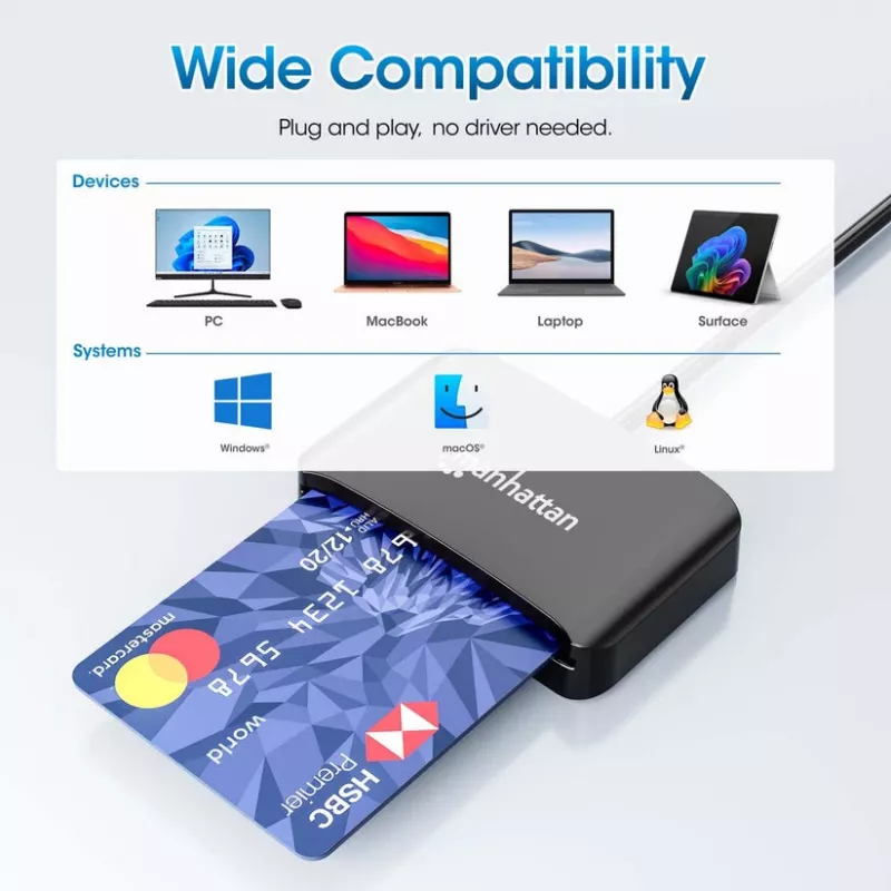 Leitor de cartões de chip por contacto Manhattan USB-C com slot MicroSD, conector USB Type-C para interface de leitor por contacto e microSDXC, compatível com Windows, macOS e Linux, lê cartões SIM com adaptador, cabo de 1 m, preto, três anos de garantia