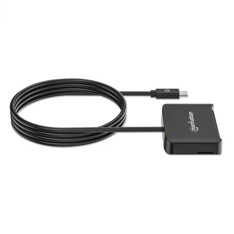 Leitor de cartões de chip por contacto Manhattan USB-C com slot MicroSD, conector USB Type-C para interface de leitor por contacto e microSDXC, compatível com Windows, macOS e Linux, lê cartões SIM com adaptador, cabo de 1 m, preto, três anos de garantia