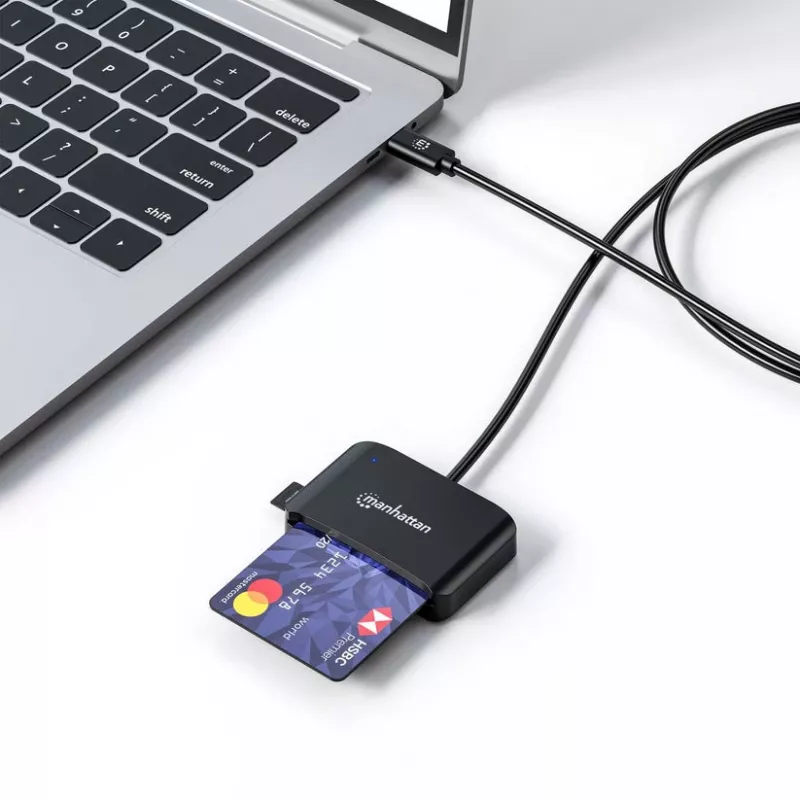 Leitor de cartões de chip por contacto Manhattan USB-C com slot MicroSD, conector USB Type-C para interface de leitor por contacto e microSDXC, compatível com Windows, macOS e Linux, lê cartões SIM com adaptador, cabo de 1 m, preto, três anos de garantia