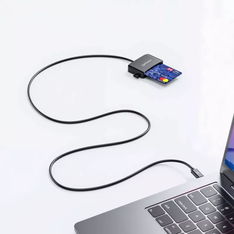 Leitor de cartões de chip por contacto Manhattan USB-C com slot MicroSD, conector USB Type-C para interface de leitor por contacto e microSDXC, compatível com Windows, macOS e Linux, lê cartões SIM com adaptador, cabo de 1 m, preto, três anos de garantia