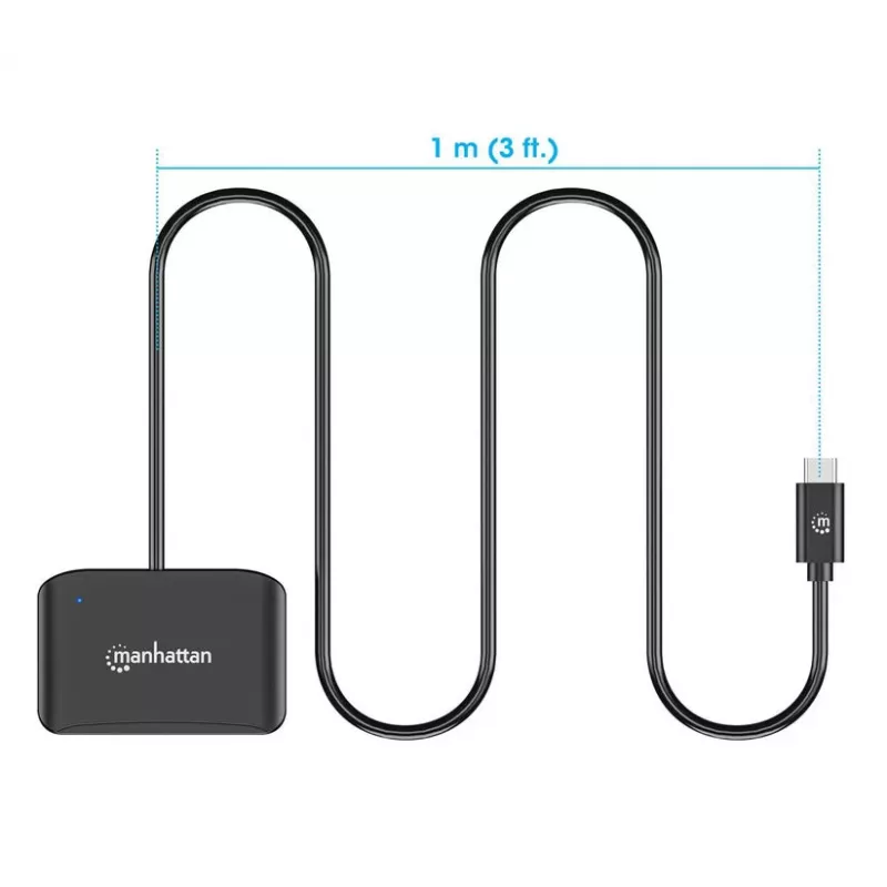 Leitor de cartões de chip por contacto Manhattan USB-C com slot MicroSD, conector USB Type-C para interface de leitor por contacto e microSDXC, compatível com Windows, macOS e Linux, lê cartões SIM com adaptador, cabo de 1 m, preto, três anos de garantia