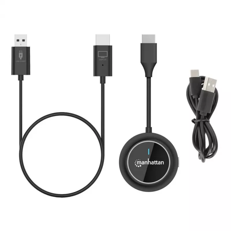Kit de apresentação Manhattan 1080p Wireless HDMI Display, conjunto de 2 peças com recetor HDMI e dongle transmissor HDMI para transmissão sem fios de um sinal de vídeo de um portátil/tablet/smartphone para uma televisão HDMI ou projetor, preto