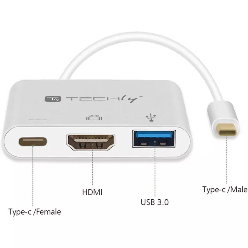 Techly IADAP USB31-HDMIPTY dock para portátil/replicador de portas com fio USB 3.2 Gen 1 (3.1 Gen 1) Type-C prateado