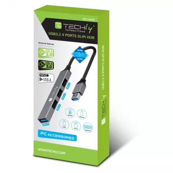 Dock para portátil/replicador de portas Techly IUSB32-HUB4A-3U2SLS com fios USB 3.2 Gen 1 (3.1 Gen 1) Type-A cinzento