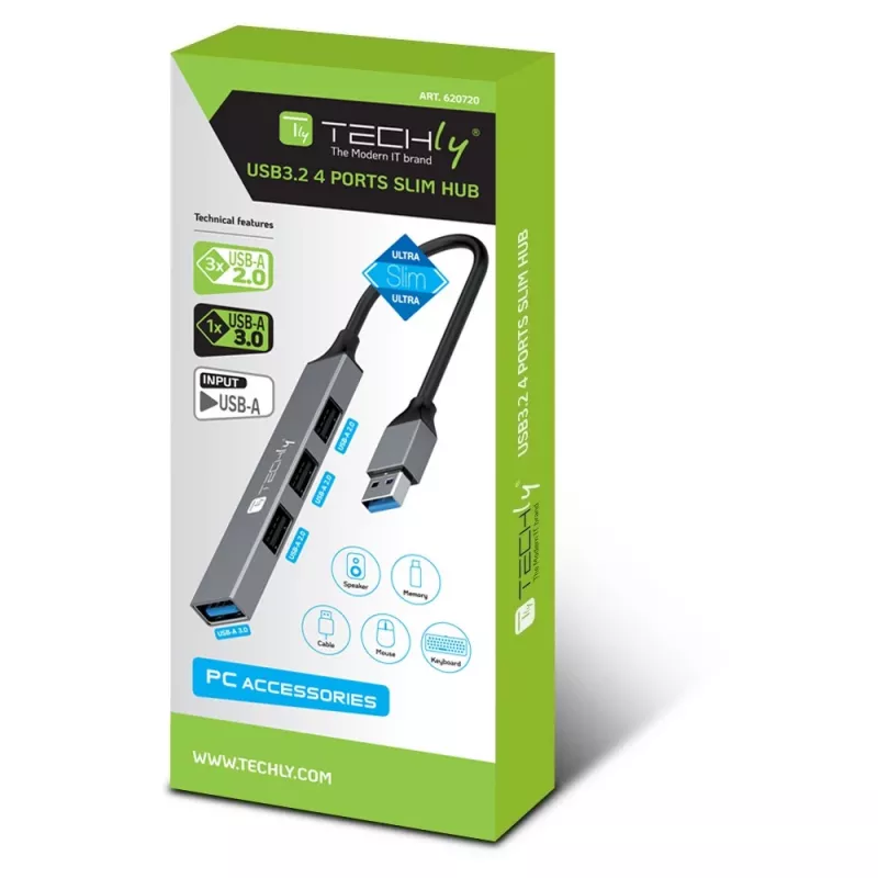 Dock para portátil/replicador de portas Techly IUSB32-HUB4A-3U2SLS com fios USB 3.2 Gen 1 (3.1 Gen 1) Type-A cinzento