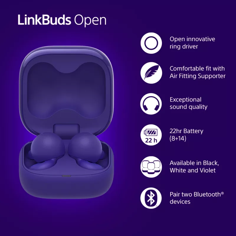 Auscultadores/headset Sony LinkBuds Open WFL910V sem fios in-ear chamadas/música Bluetooth violeta