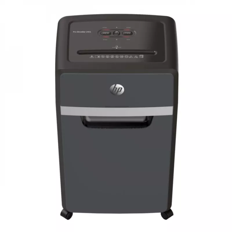 Destruidora de documentos HP Pro Shredder 24CC — corte em partículas, capacidade 24 folhas, 4 x 35 mm, recipiente de 30 litros, 680 W, entrada 220 mm, preto