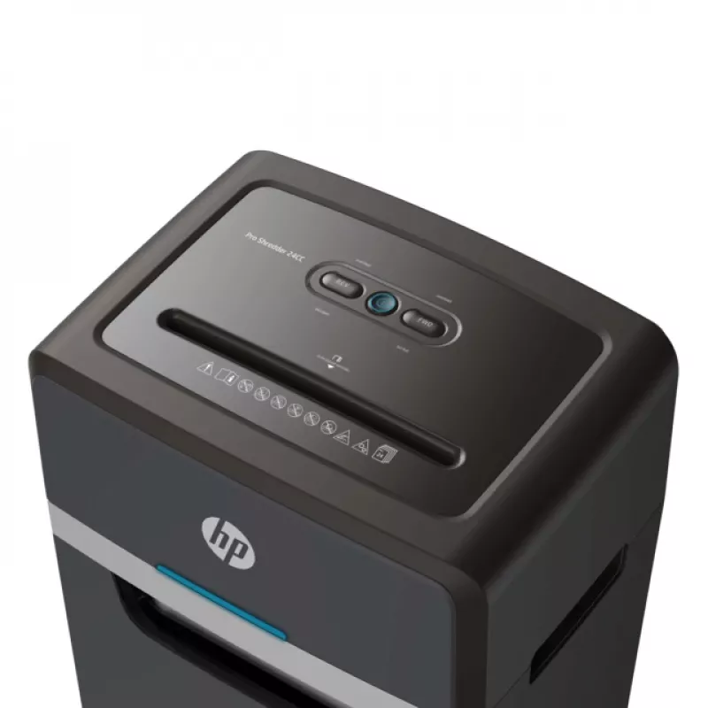 Destruidora de documentos HP Pro Shredder 24CC — corte em partículas, capacidade 24 folhas, 4 x 35 mm, recipiente de 30 litros, 680 W, entrada 220 mm, preto
