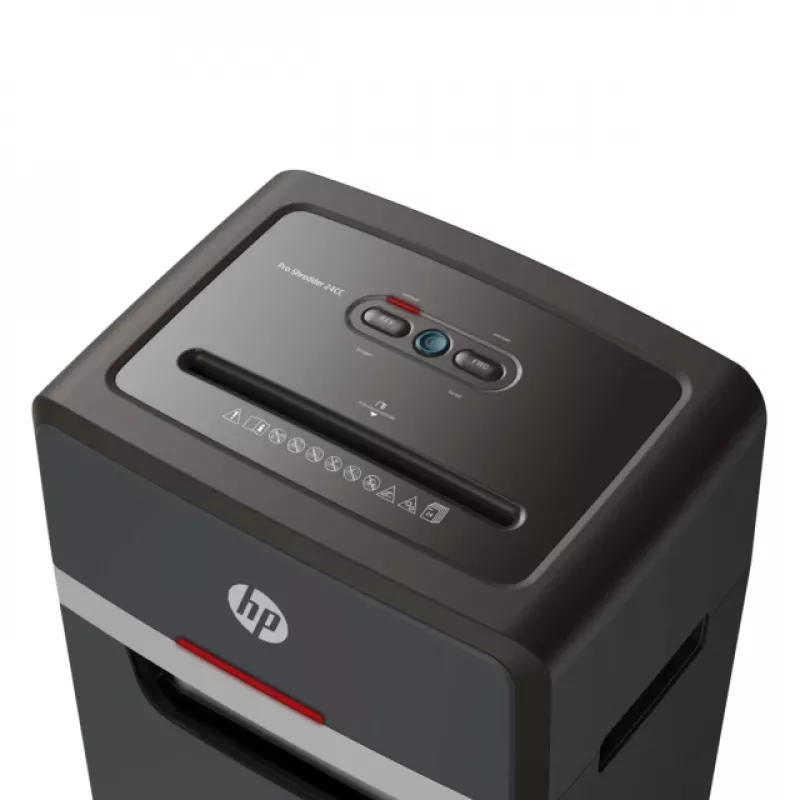Destruidora de documentos HP Pro Shredder 24CC — corte em partículas, capacidade 24 folhas, 4 x 35 mm, recipiente de 30 litros, 680 W, entrada 220 mm, preto