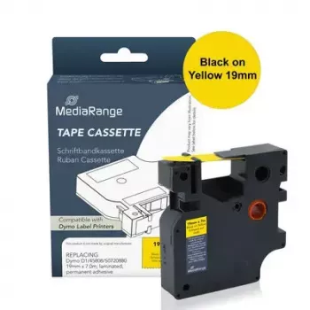 Fita de etiquetas MediaRange MRDY45808 preto sobre amarelo D1 — 19 mm x 7 m, adesivo acrílico permanente