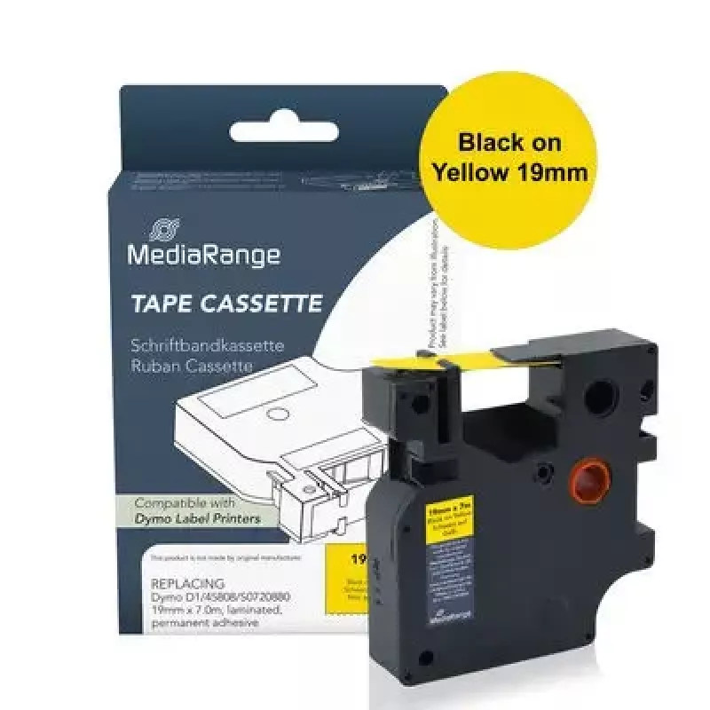 Fita de etiquetas MediaRange MRDY45808 preto sobre amarelo D1 — 19 mm x 7 m, adesivo acrílico permanente