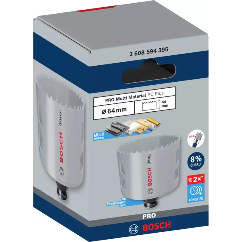 Serra copo Bosch PRO Multi Material PC Plus 44/64 mm — individual, 44–64 mm de diâmetro, para berbequim, pladur/metal/plástico/madeira macia