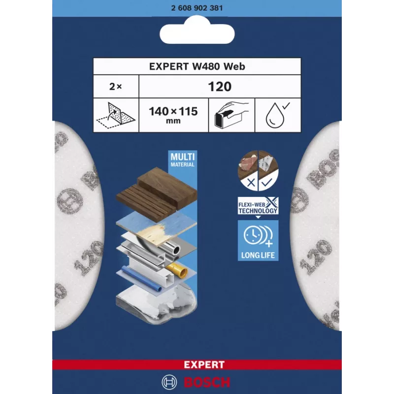 Folha de lixa Bosch W480, grão fino P320, 115×140 mm, 2 unid.