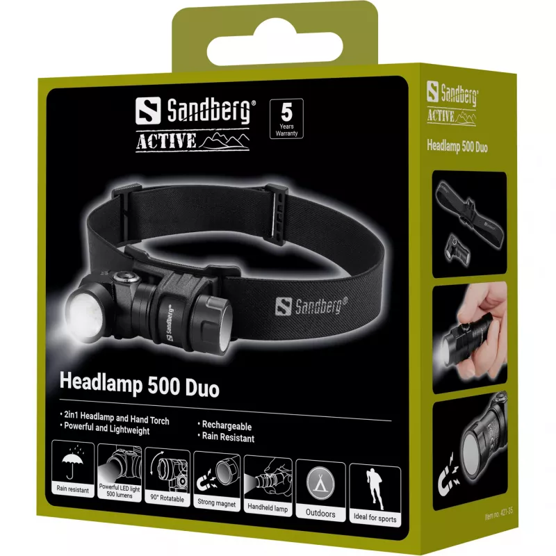 Sandberg Headlamp 500 Duo, lanterna de cabeça, preta, alumínio, IP44, LED, 25 lm