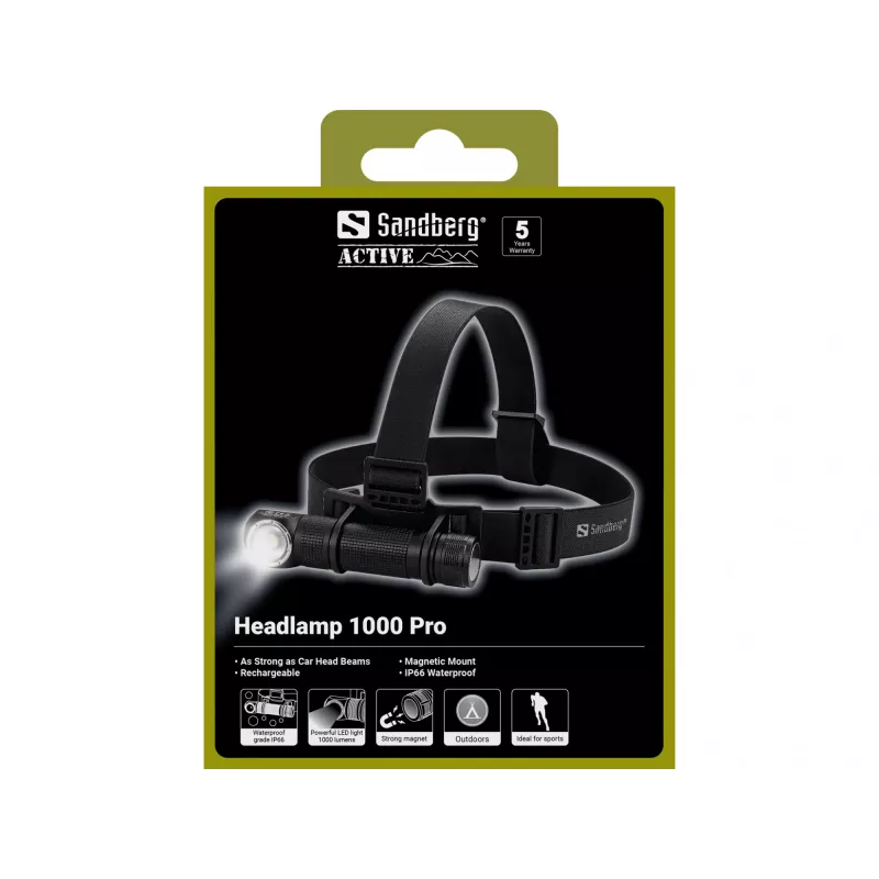 Sandberg Stirnlampe 1000 Pro, lanterna de cabeça, preto, alumínio, IP66, LED, 25 lm