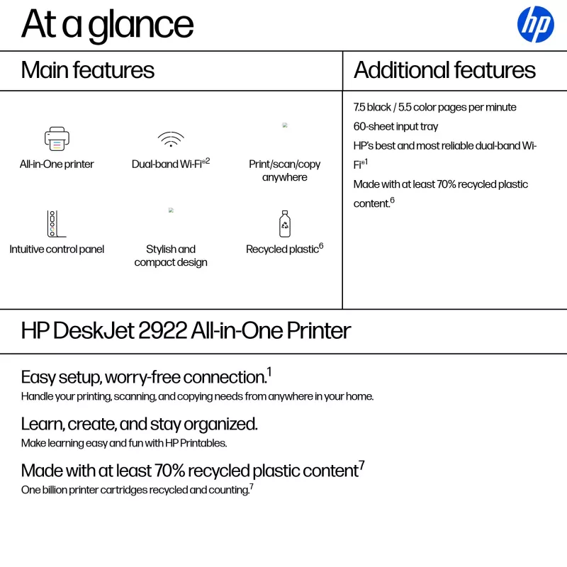 Impressora multifunções a cores sem fios HP DeskJet 2922, jato de tinta térmico, impressão a cores, 4800 x 1200 DPI, cópia a cores, A4, Branco