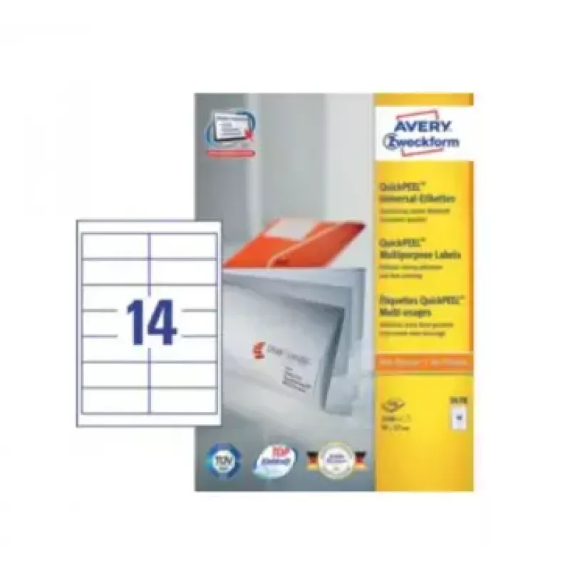 Etiquetas de endereço autoadesivas Avery Zweckform 3678 — papel branco, 9,7×3,7 cm, 1400 etiquetas (100 folhas)