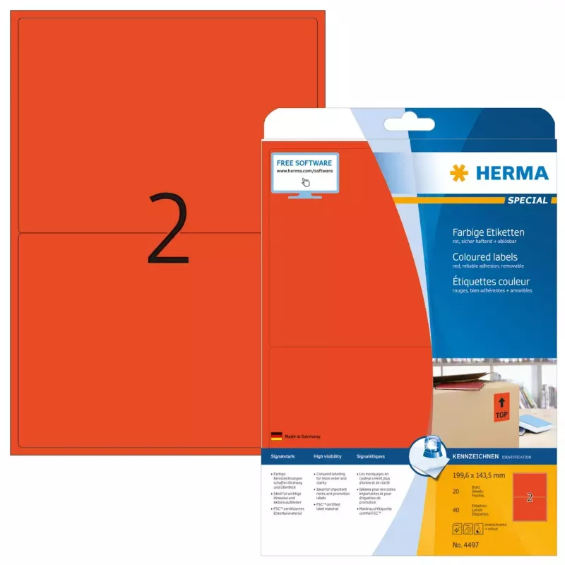 Etiqueta autocolante para impressora HERMA Coloured Labels A4 199,6x143,5 mm vermelho papel mate 40 unid.