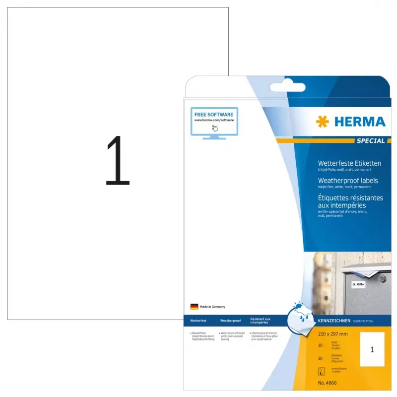 Etiqueta autocolante para impressora HERMA Etiquetas jato de tinta A4 210x297 mm película branca mate resistente às intempéries 10 unid.