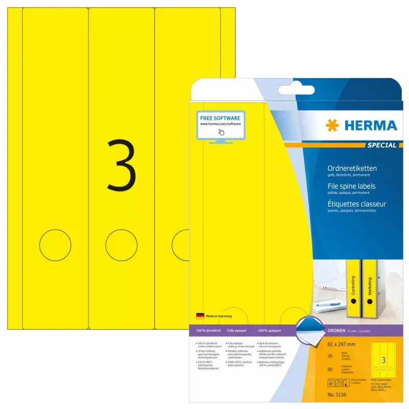 Etiquetas de arquivo HERMA A4 61x297 mm amarelo papel mate opaco 60 unid.