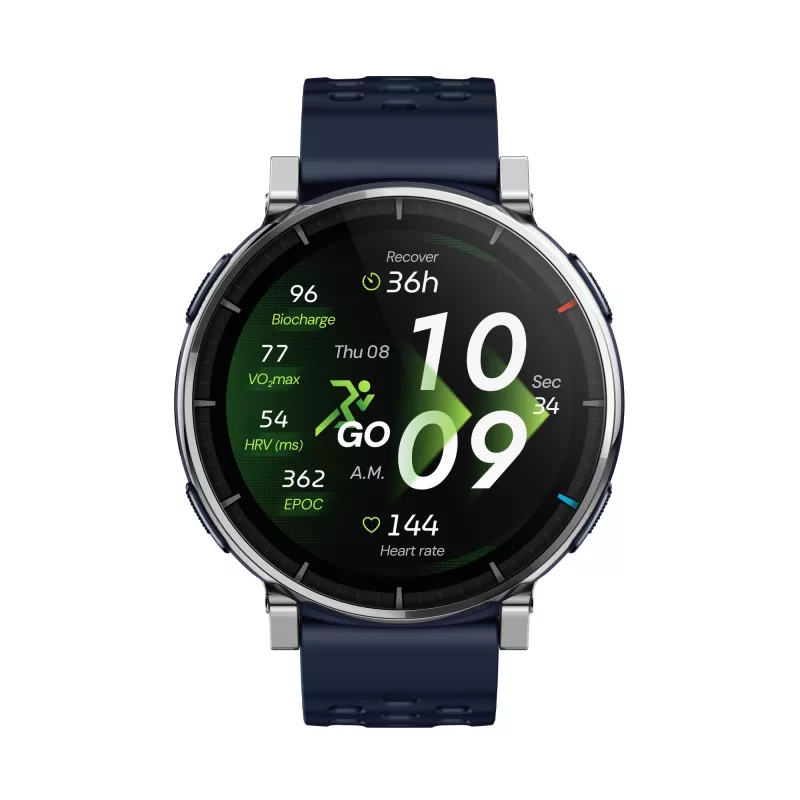 Smartwatch Amazfit W2558GL2N — 1,32 polegadas (3,35 cm) AMOLED 466×466 px, GPS, 365 mAh, bracelete de silicone (azul)