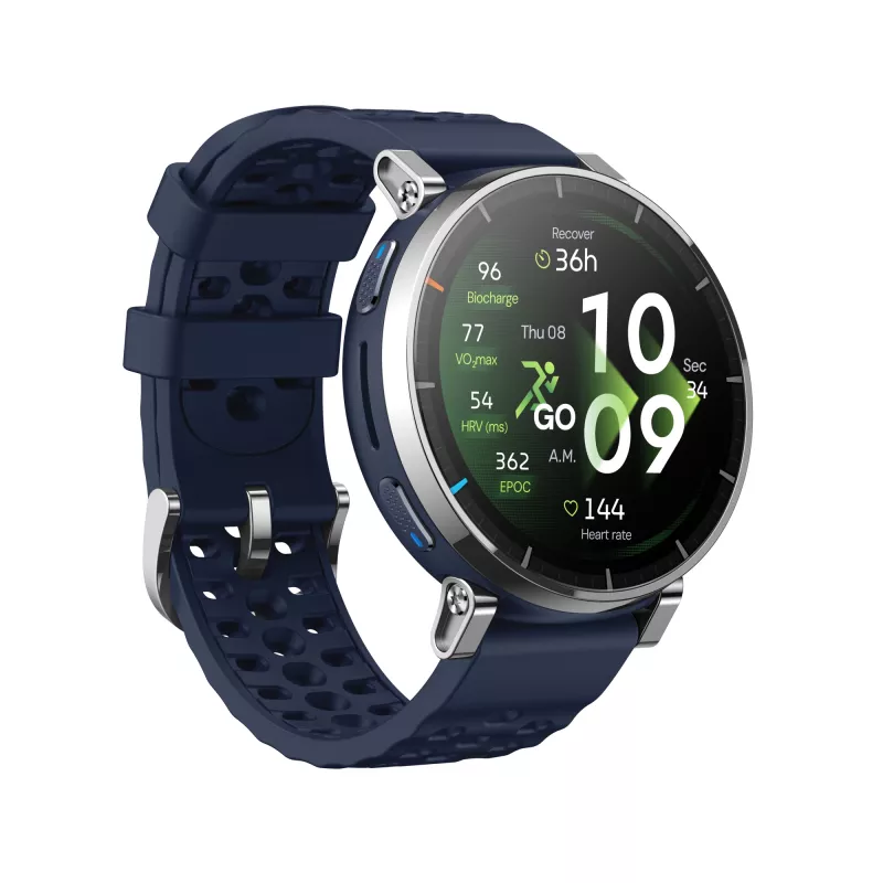 Smartwatch Amazfit W2558GL2N — 1,32 polegadas (3,35 cm) AMOLED 466×466 px, GPS, 365 mAh, bracelete de silicone (azul)